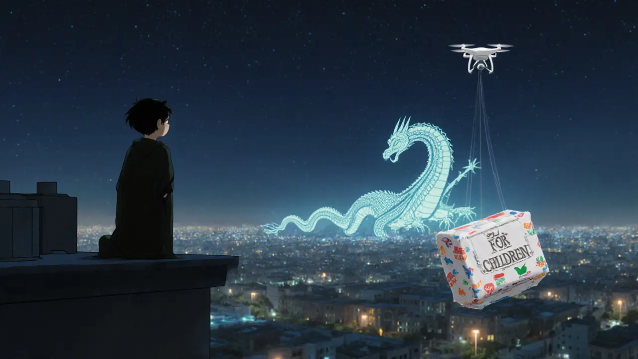 A child watches a mining farm glow while city lights fade, a medicine drone flies below.