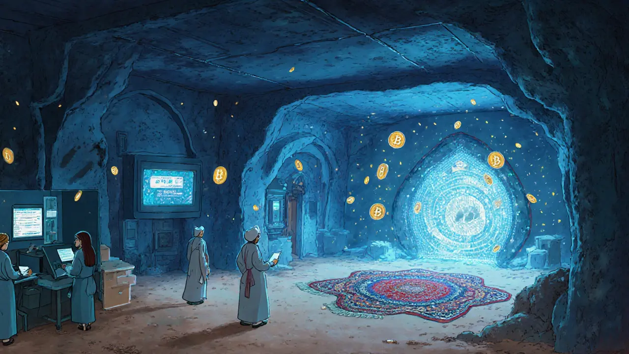 A hidden crypto exchange pulses with floating Bitcoin coins like fireflies in a Persian-inspired hub.