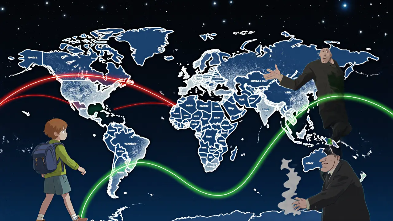 A child walks along glowing green crypto paths on a world map, while shadowy figures reach for red seized assets that dissolve into smoke.