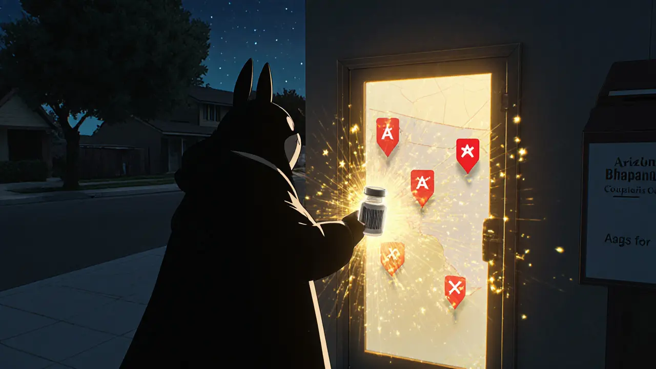 A counterfeit drug is rejected by a golden blockchain barrier at a pharmacy door at night.