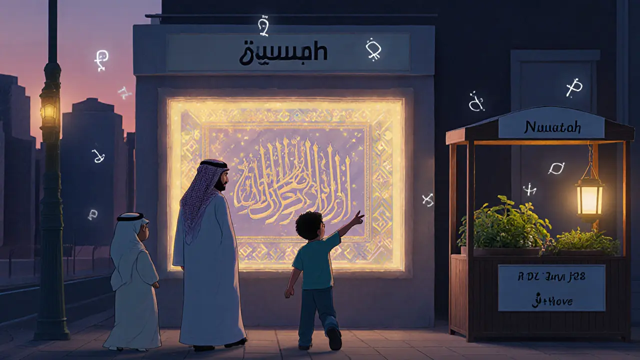 A family passes an NFT gallery with tokenized gardens as digital riyal symbols glow softly in the evening air.
