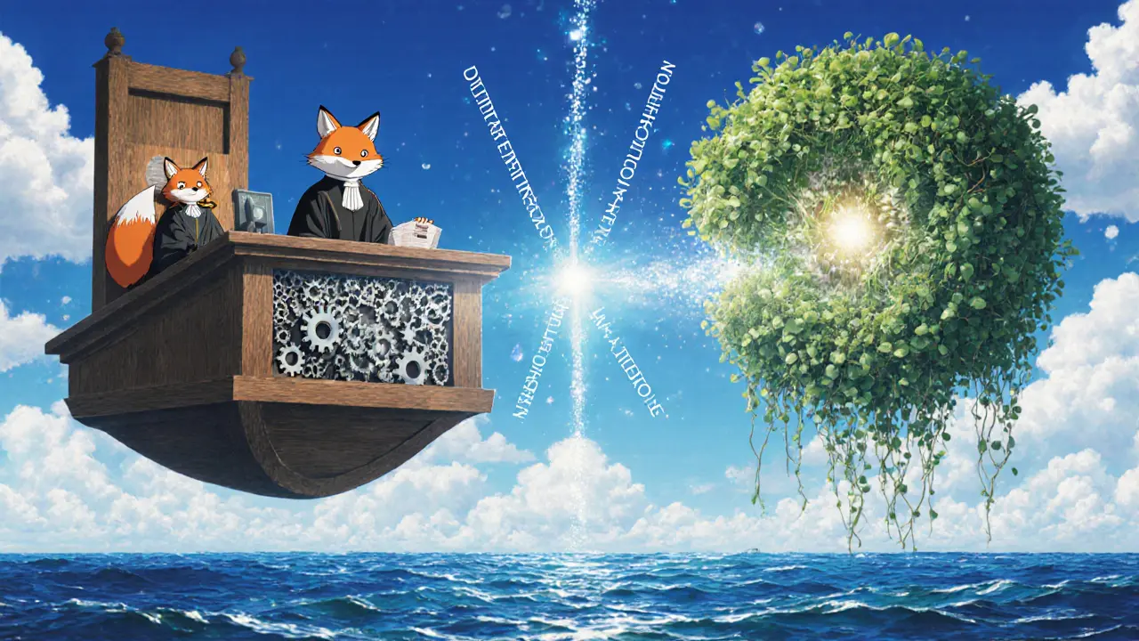 A fox-spirit judge presides over a floating courtroom where a mechanical exchange battles a vine-based decentralized network.