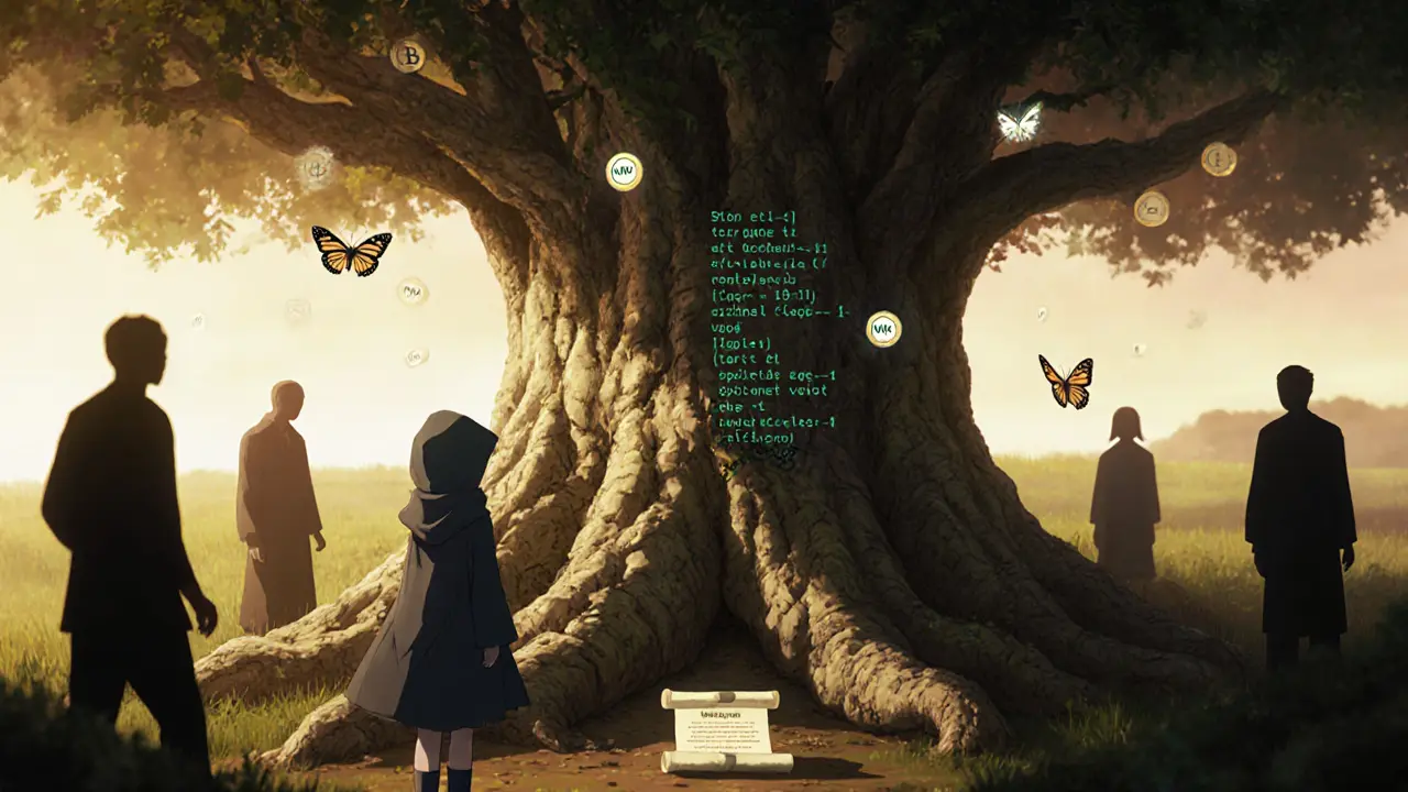 A girl before a blockchain tree with fading tokens, ignored by shadowy figures, lit by golden light.
