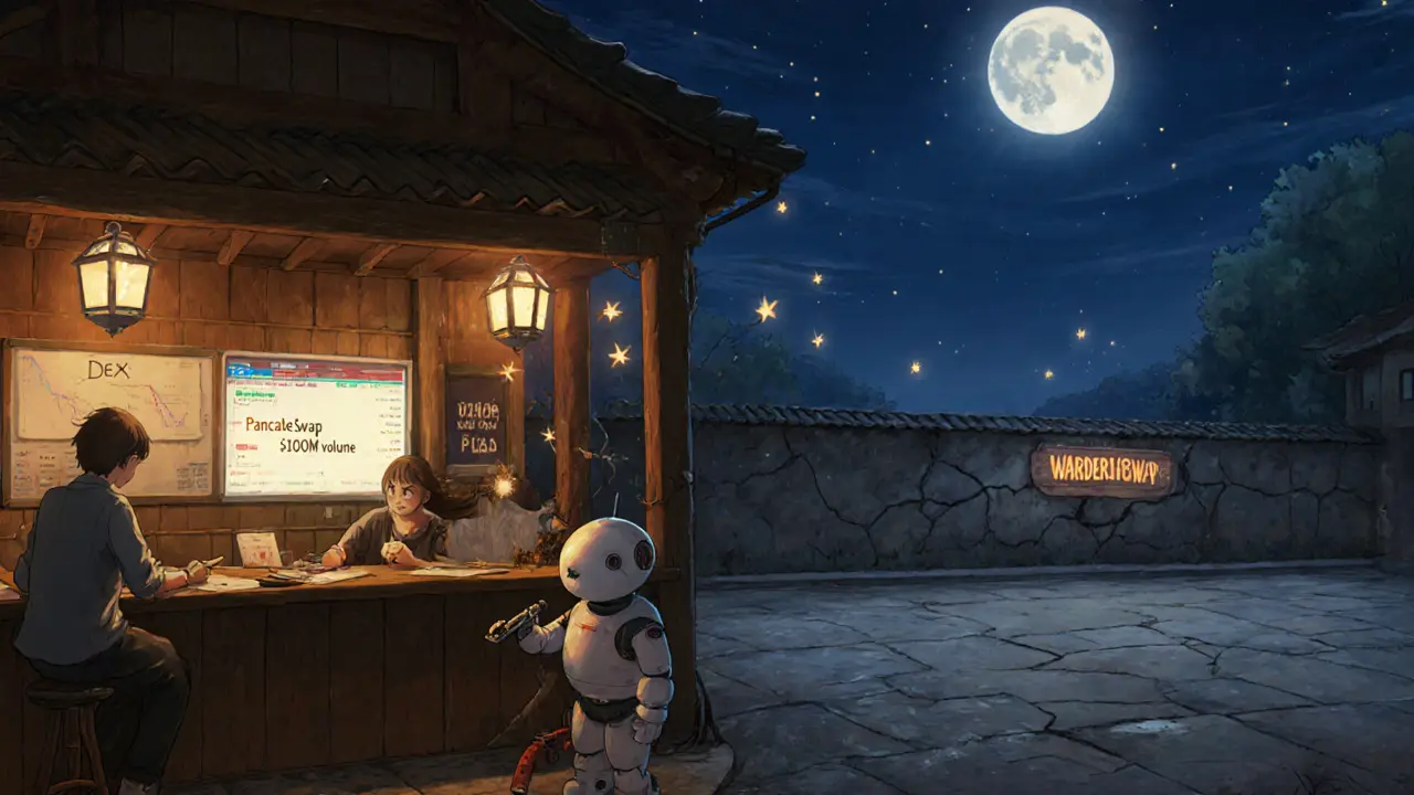 A lively DeFi hub with PancakeSwap glowing warmly, while a distant empty WardenSwap plaza fades in moonlight.