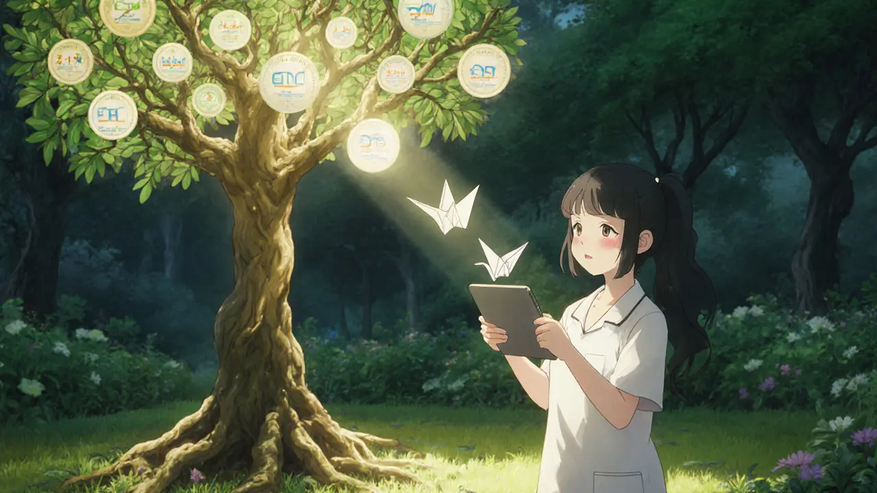 A patient holds a tablet connected to a blockchain tree, granting controlled access to their medical history.