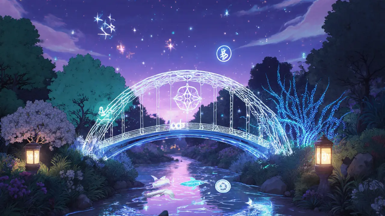 A translucent data bridge connects Cardano and Humanode gardens, with token symbols swimming like koi.