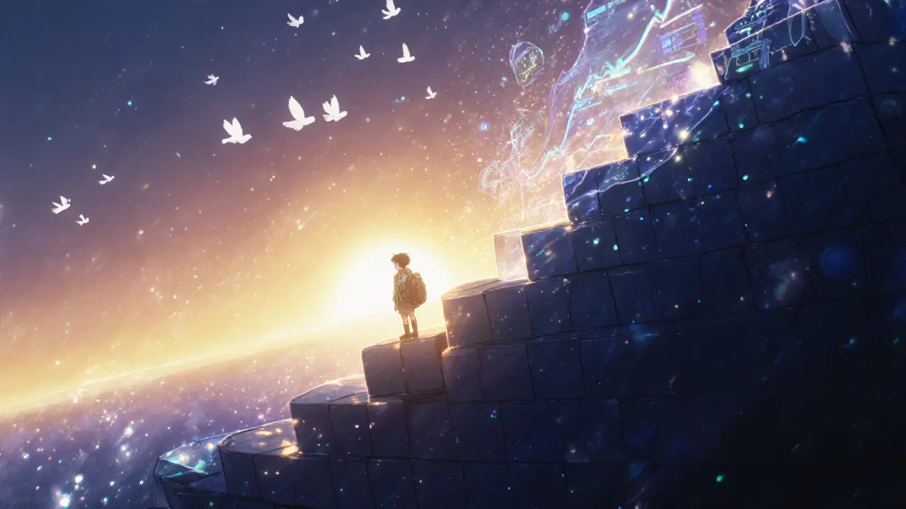 A young explorer ascends glowing liquidity blocks toward a sunrise, signifying OccamX's hopeful future.