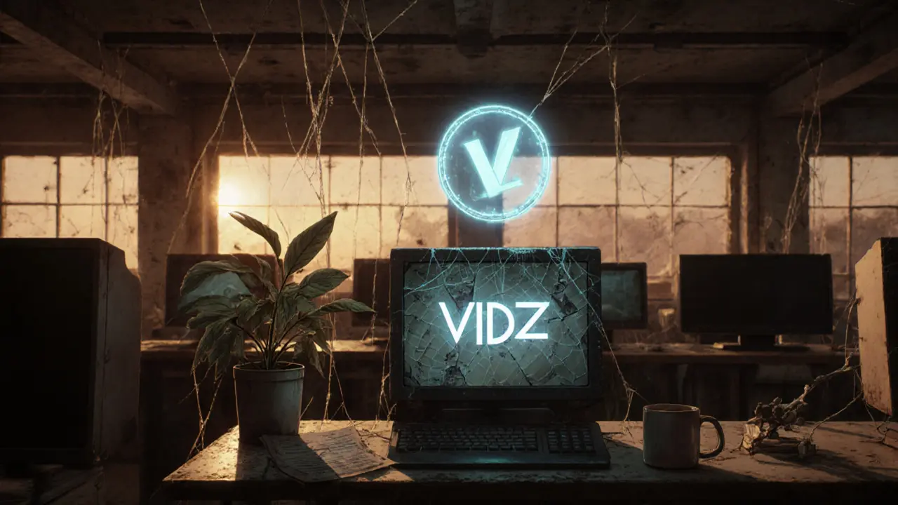 Abandoned lab with cobwebs and a ghostly token emblem, bathed in soft twilight.