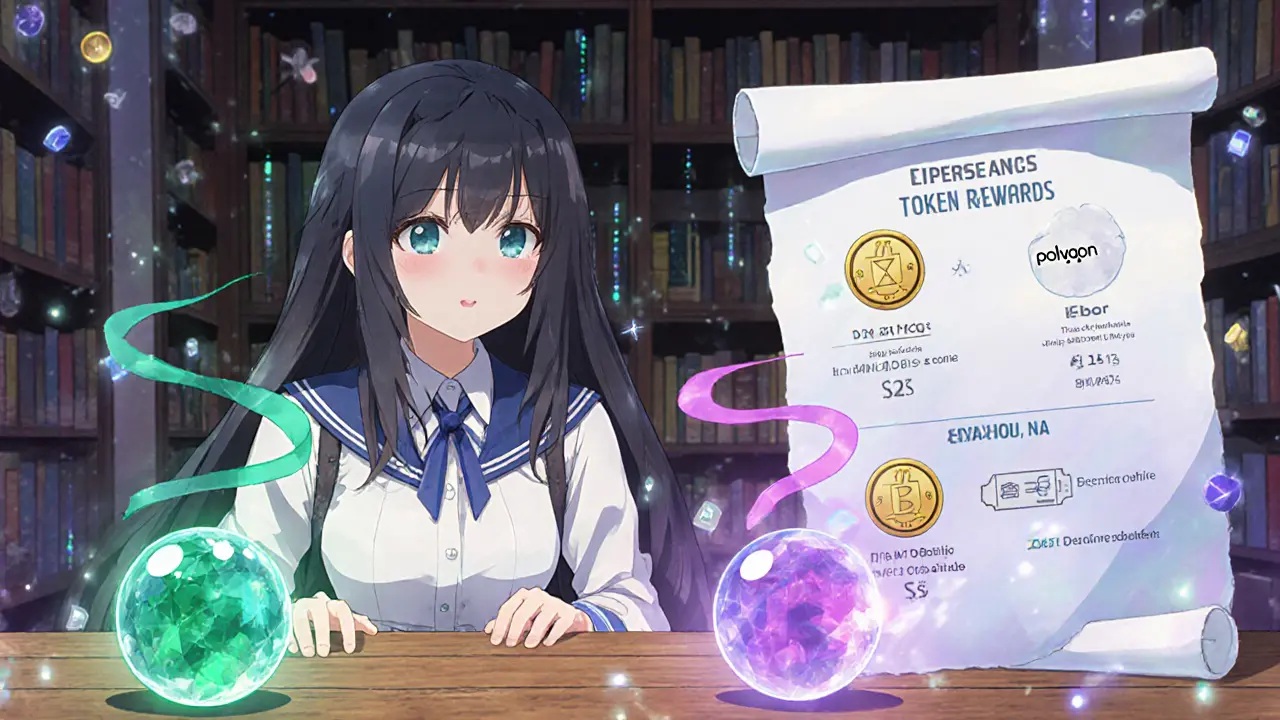Anime character surrounded by crystal spheres of Ethereum, Polygon, Solana, with floating token reward icons.