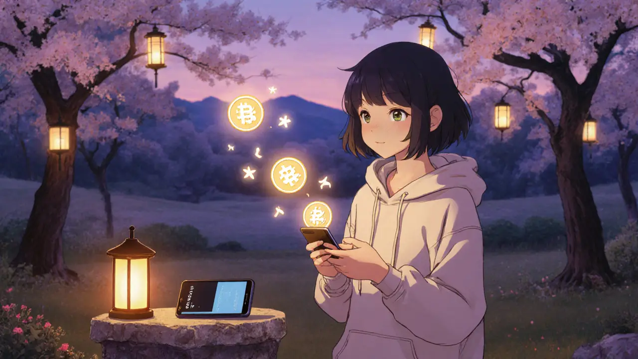 Anime character transfers glowing TINU tokens from phone to Ledger hardware wallet in a tranquil garden.