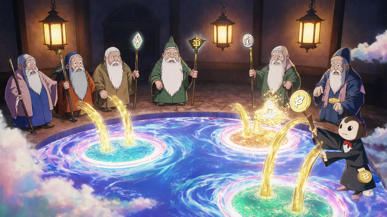 Anime council chamber showing veVELO holders voting and bribe tokens flowing to pools.