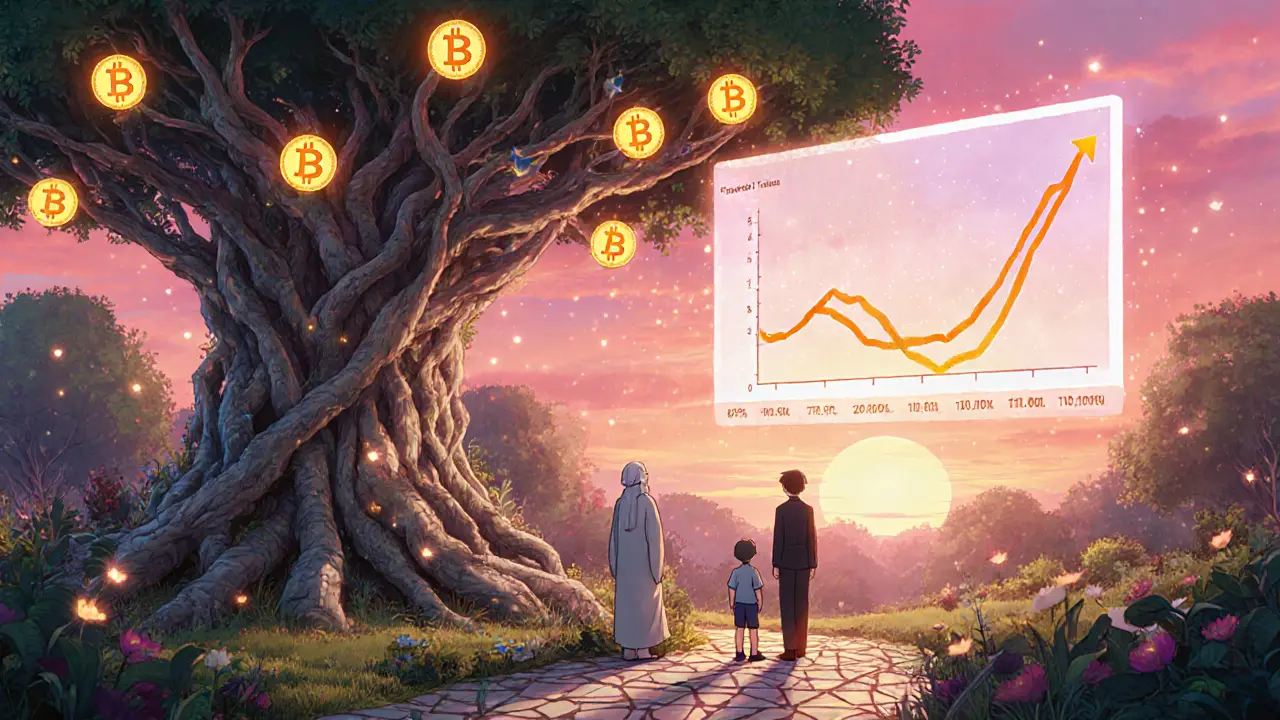 Anime-style garden with blockchain tree, glowing crypto fruits, and hopeful characters.