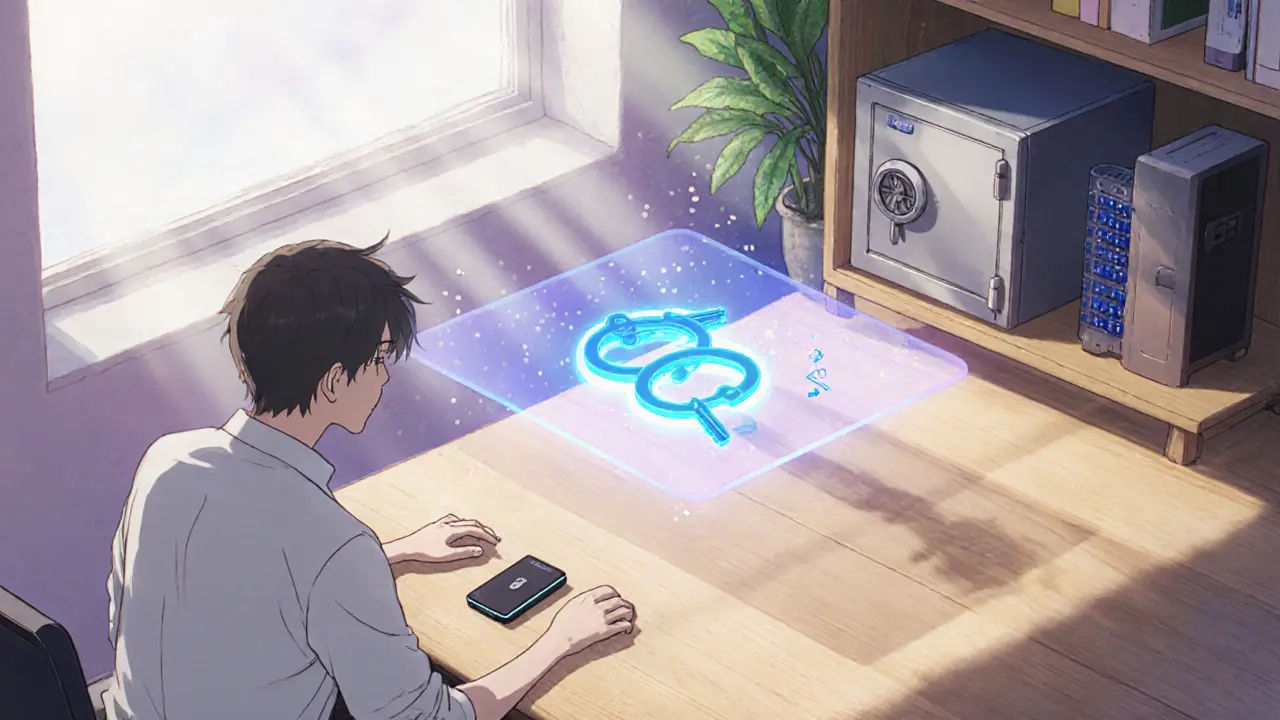 Anime-style investor arranging Ledger and Trezor wallets with holographic multisig keys.