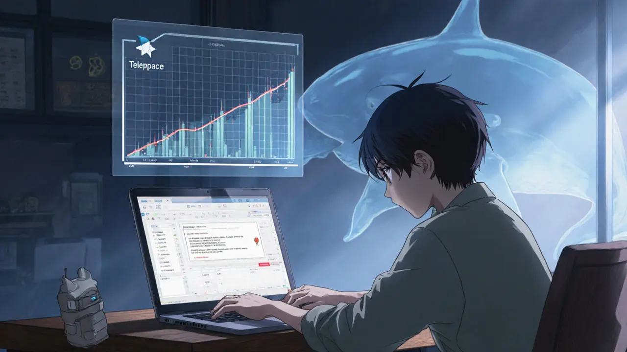 Anime trader sees a Telegram bot error and thin volume graph, with giant whale silhouettes behind.