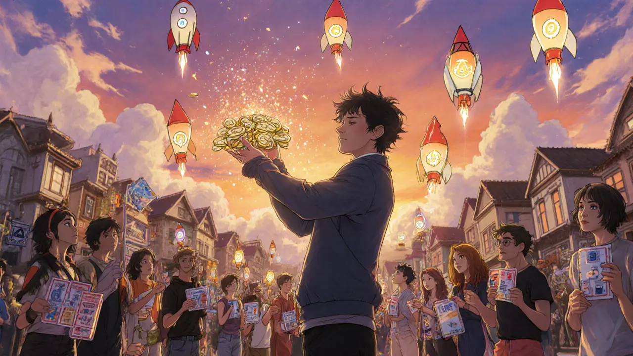 Celebratory town square at sunset with creators sharing sparkling tokens and lanterns.