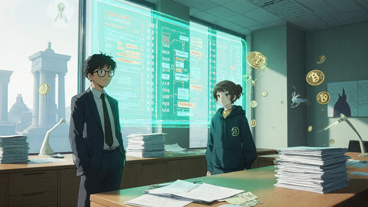 Compliance office scene with holographic crypto data screens and focused characters.