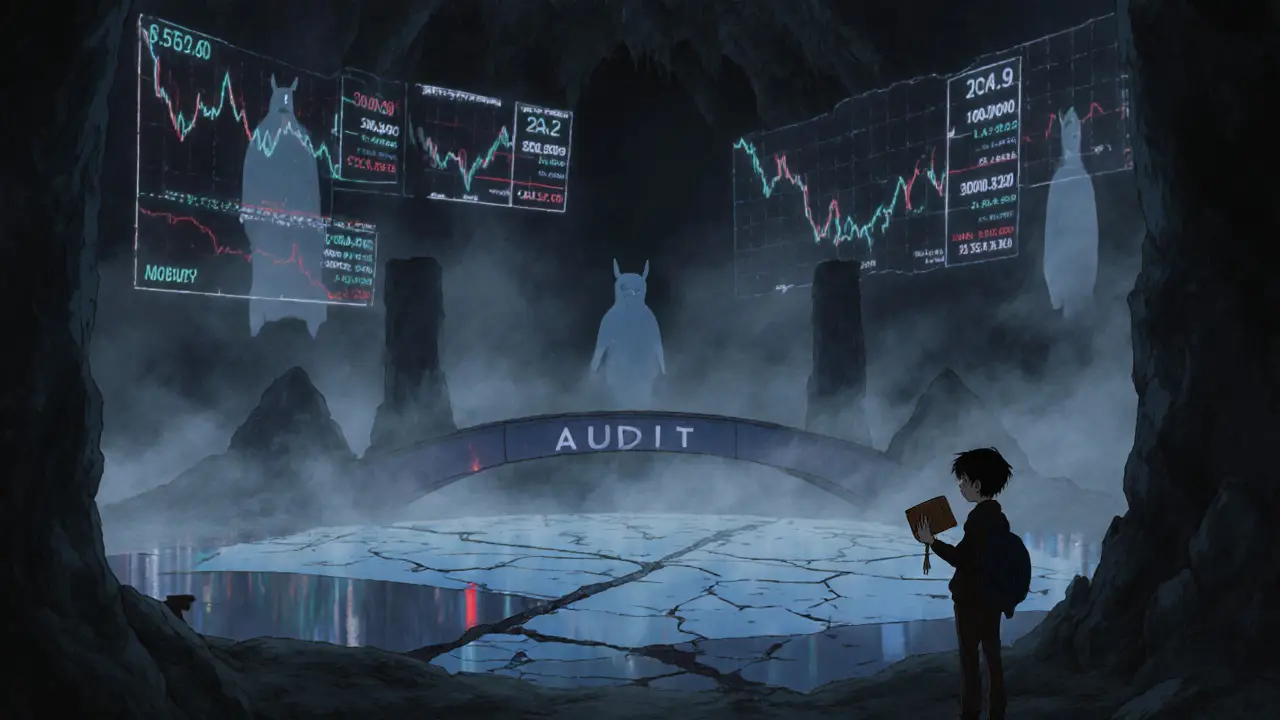 Dark cavern with an empty liquidity pool, flickering price charts, and shadowy anonymous figures.