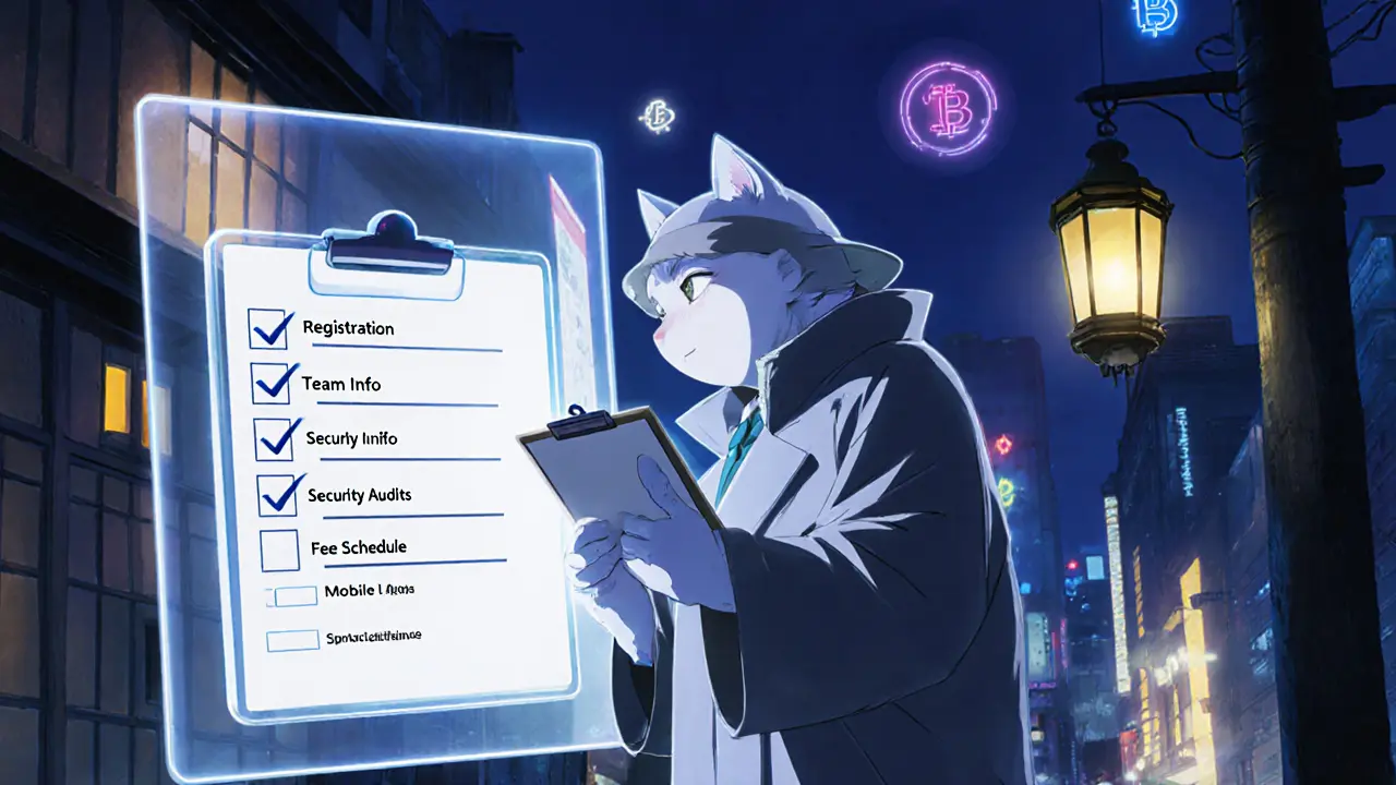 Detective character reviewing a crypto audit checklist with missing information.