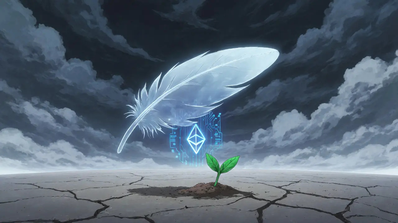 Ghostly token feather drifting under storm clouds with a tiny hopeful sprout.