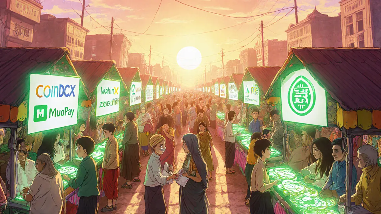 Happy traders at colorful stalls using compliant Indian crypto exchanges.