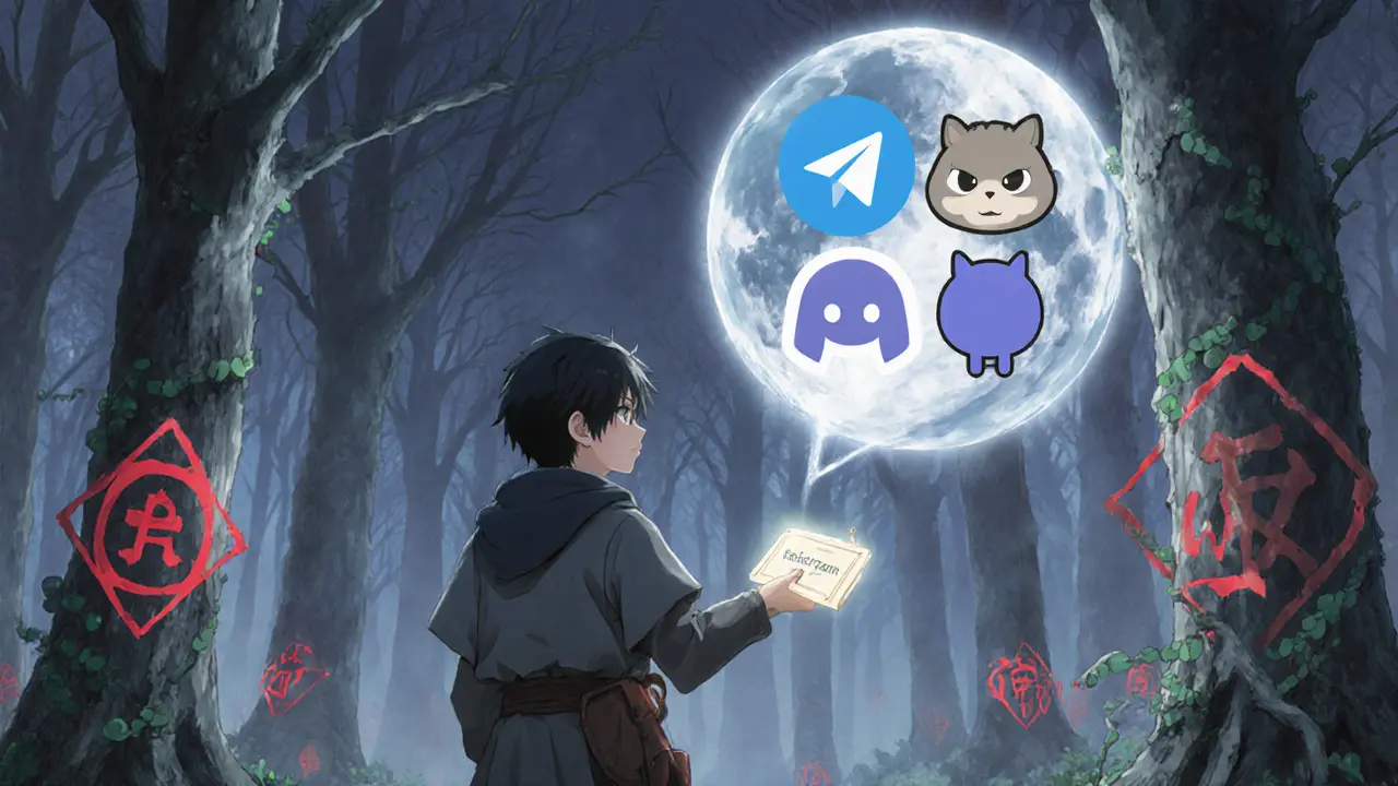 Hero watches a misty forest of phishing traps, holding a small wallet with official icons.