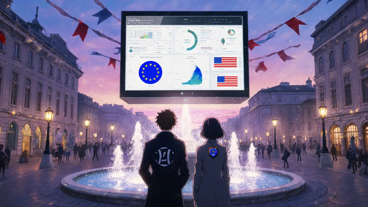 Heroes view a floating unified regulatory dashboard in a twilight plaza.