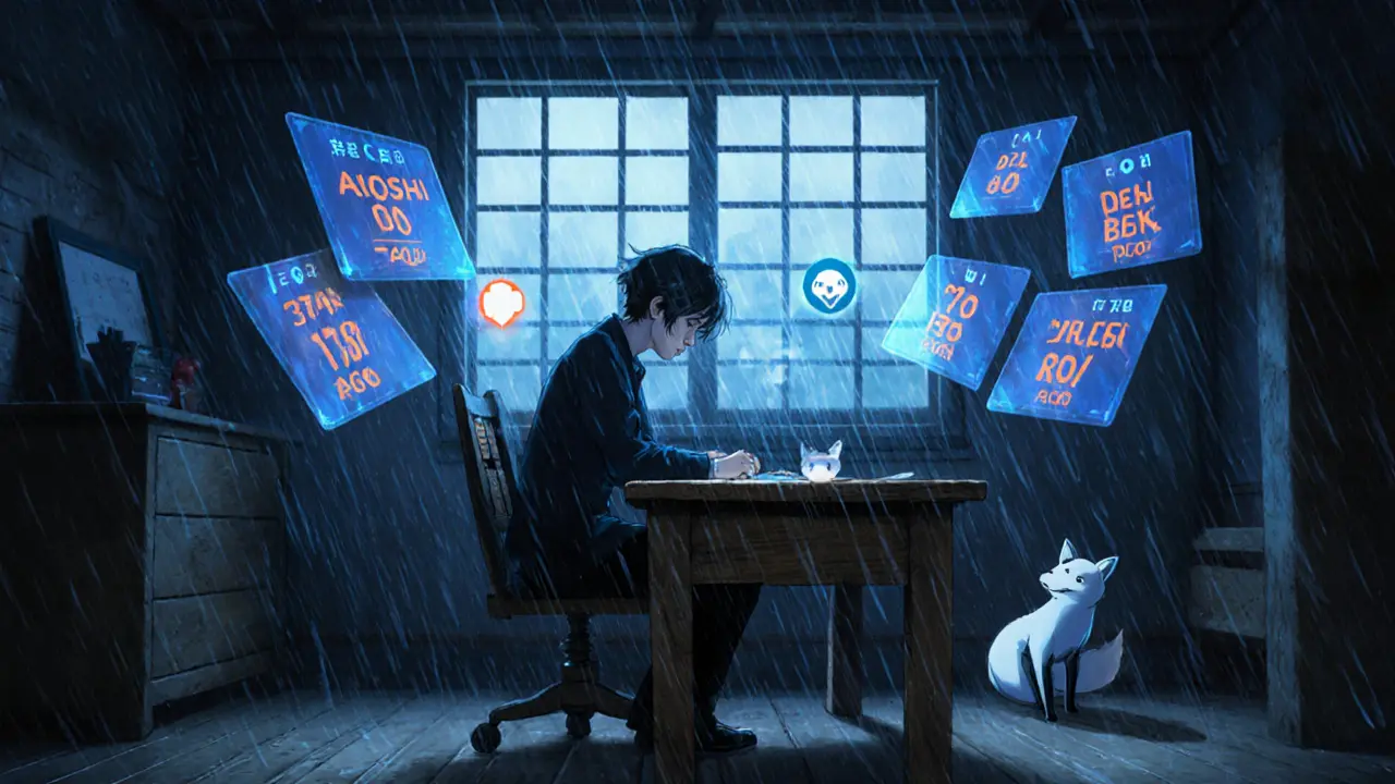 Investor at a desk viewing conflicting AIOSHI price screens, with a phantom fox.