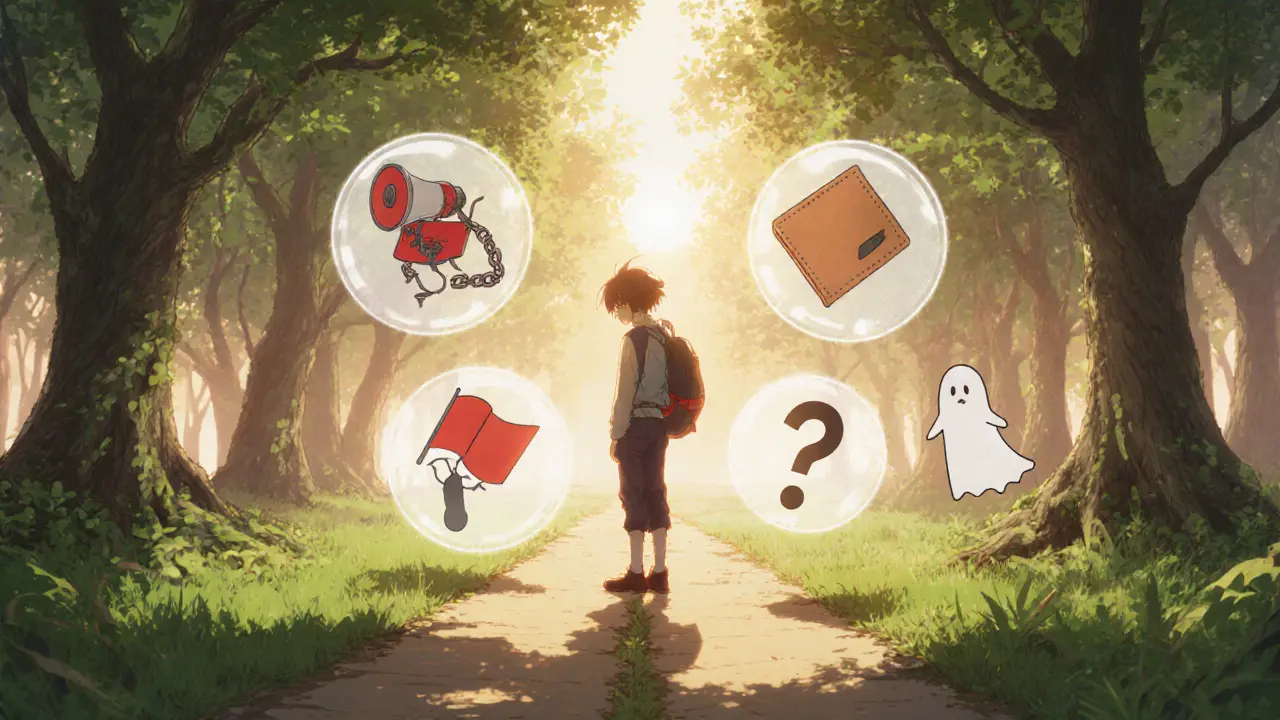 Investor character at a crossroads, surrounded by floating caution icons and a drifting ghost token.