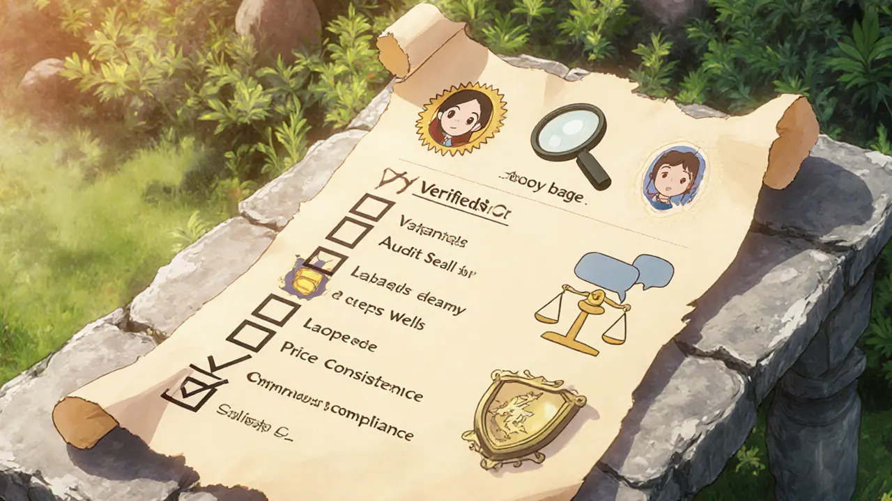Magical checklist on parchment showing verification, audit, liquidity, community icons.