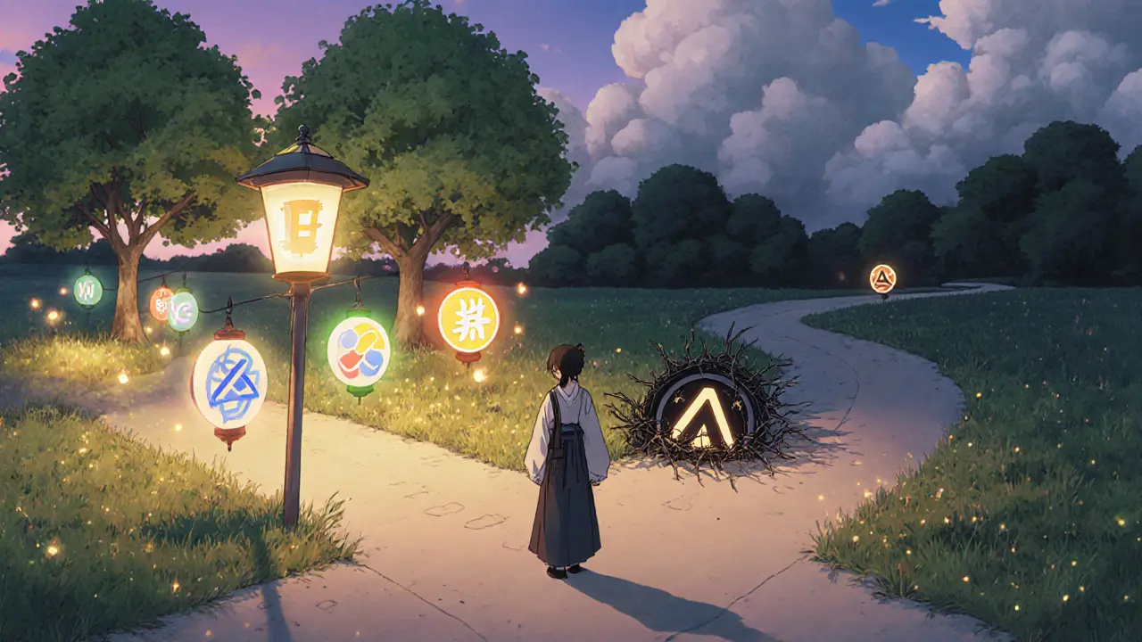 Meadow crossroads showing bright paths to established data tokens and a dim path to ATLAZ.