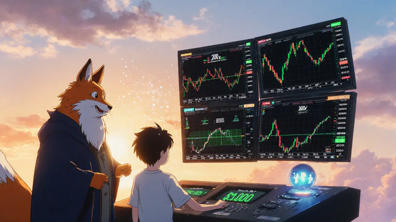 Mentor fox guiding a novice through BVOX's leverage, futures, and copy‑trading screens.