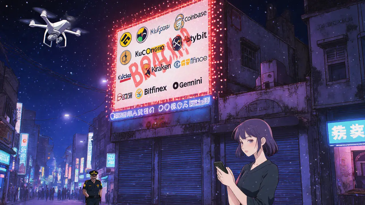 Night city scene showing blocked crypto exchange logos behind a digital barrier.
