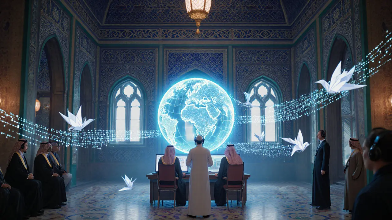 Officials monitor glowing cross-border digital currency flows in a traditional Islamic building with light cranes between nations.