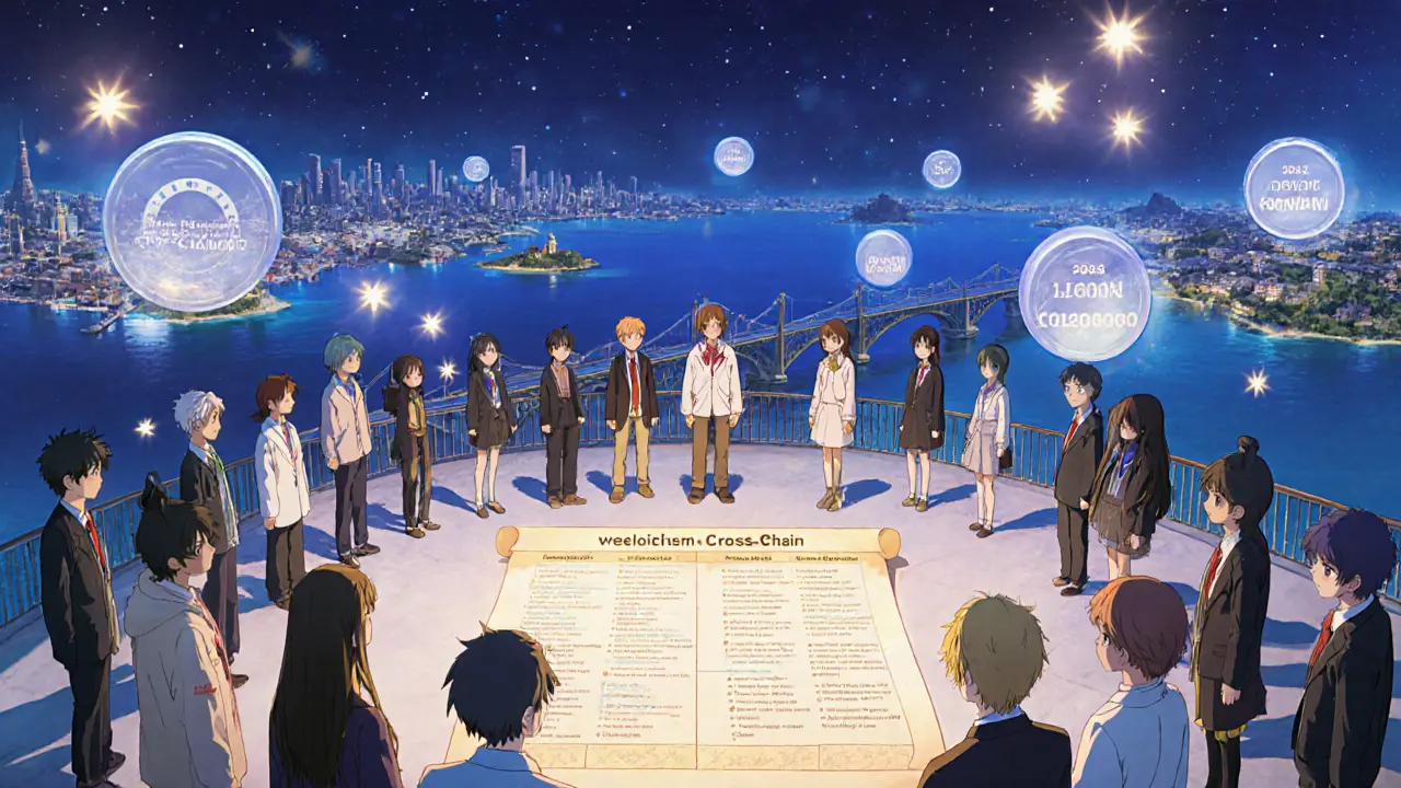 Optimism skyline with cross‑chain bridges and anime characters reviewing Velodrome roadmap.