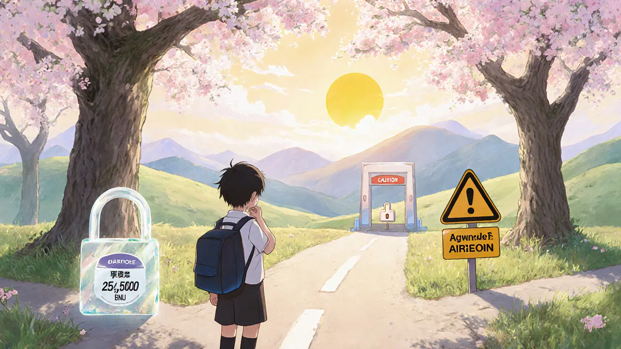 Protagonist holding a BNU token satchel at a fork in the road, balancing risk and reward under a sunrise.