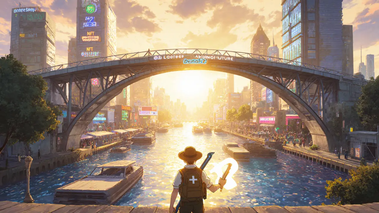 Sunrise over futuristic DeFi city with Layer‑2 bridge and diverse services.