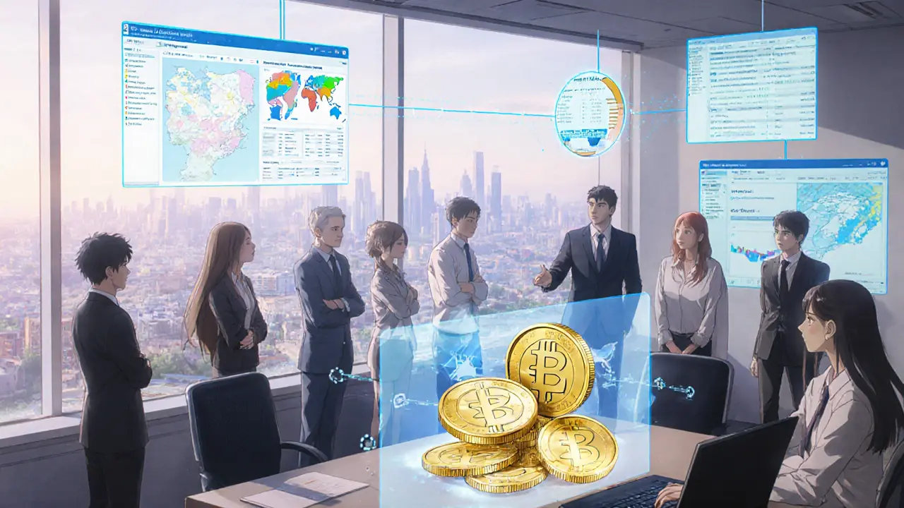 Team reviews holographic compliance dashboards in a bright modern office.
