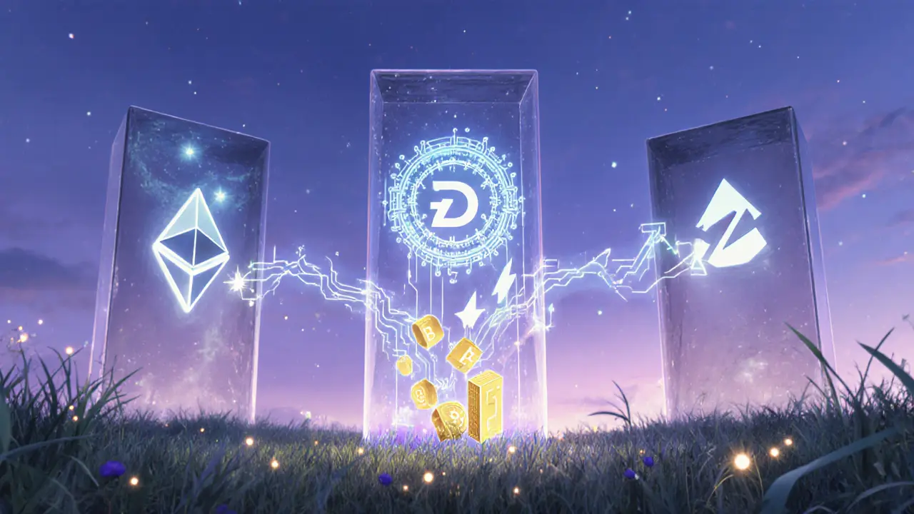Three glowing pillars show Ethereum, Duet Protocol, and zUSD with REI turning into assets.
