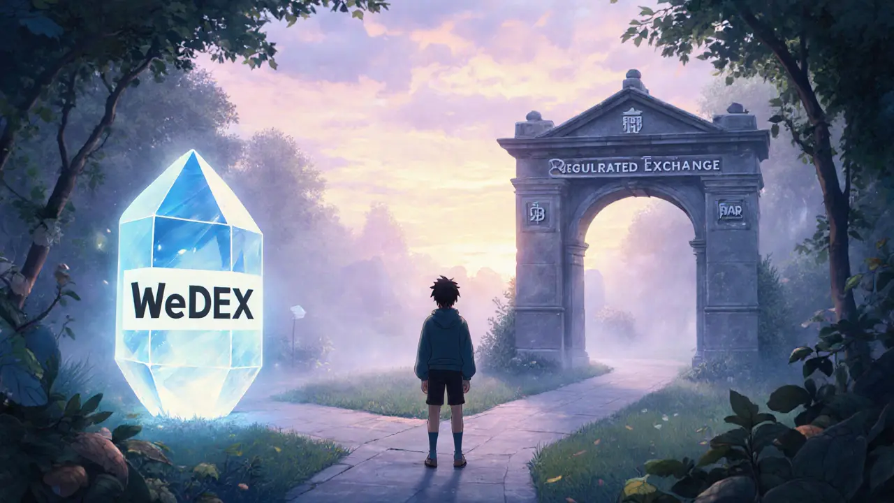 Trader at a garden crossroads choosing between WeDEX privacy and a regulated exchange.