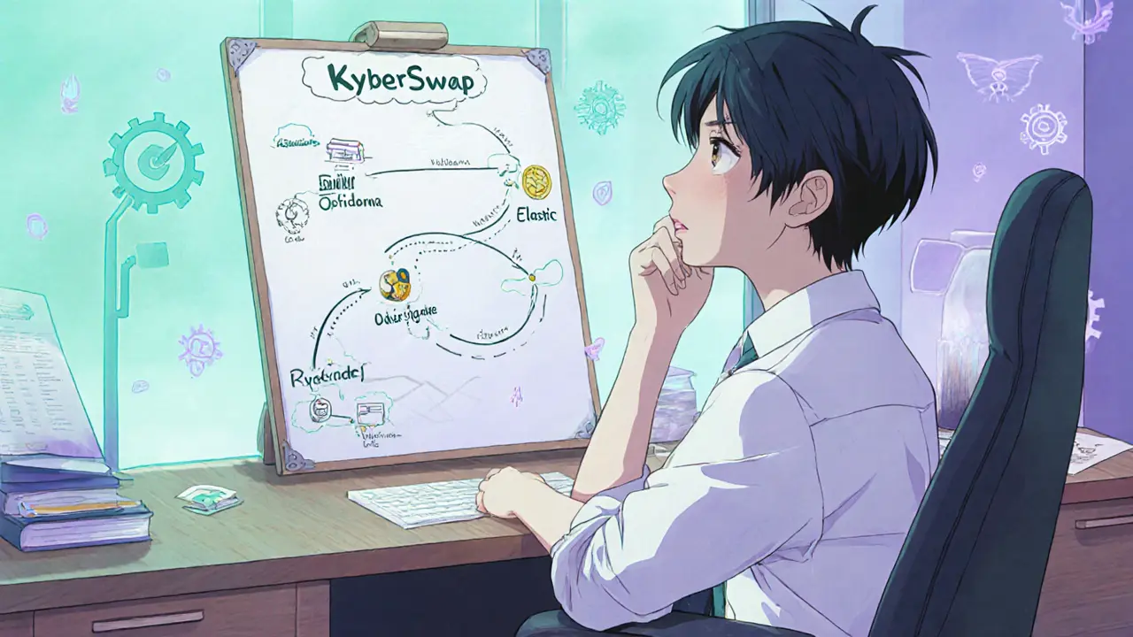 Trader reviewing roadmap from KyberSwap Classic to Elastic, surrounded by DEX icons.