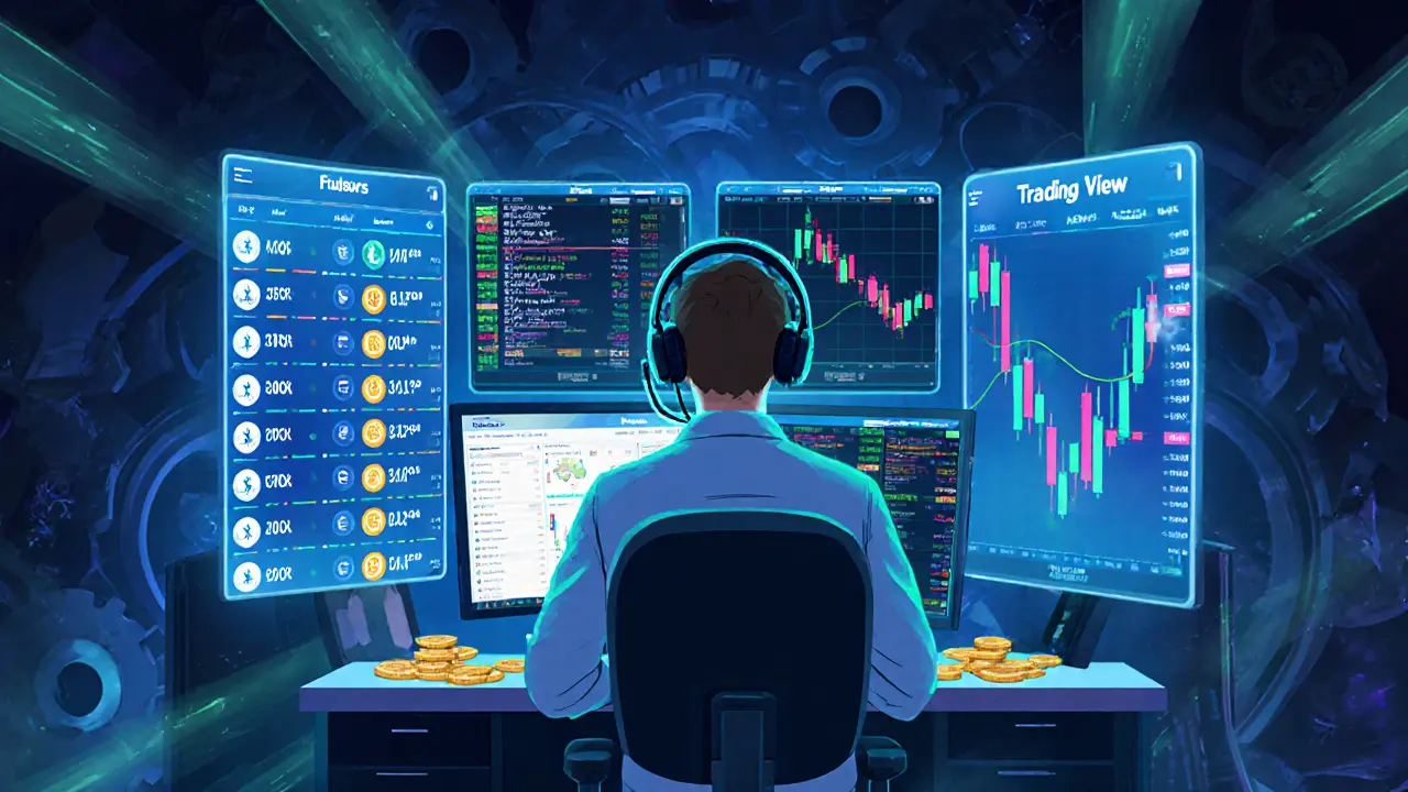 Trader surrounded by floating screens showing spot trading, 400× futures leverage, and a TradingView chart.