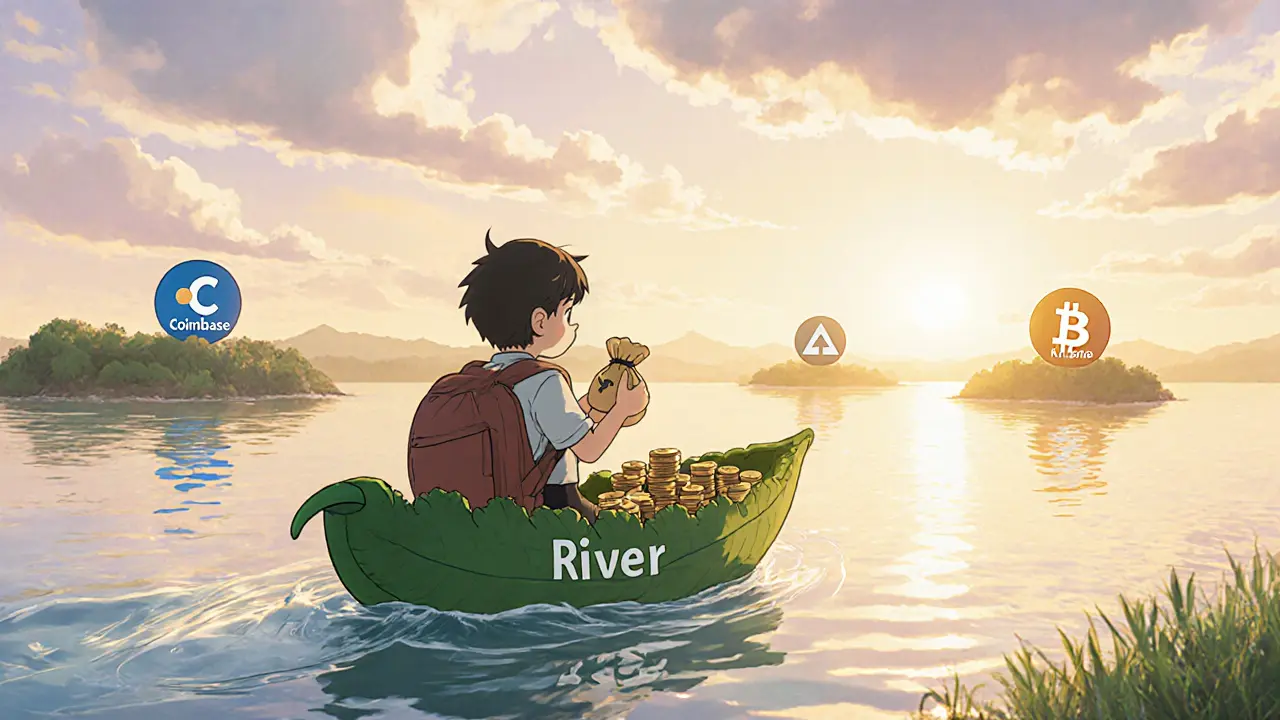 Traveler crossing a risk river with coins toward reputable exchange islands.