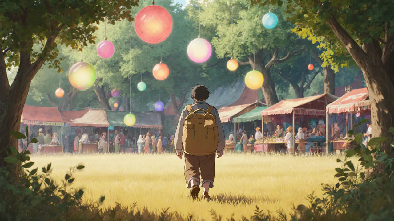 Traveler moving from quiet field to vibrant market with glowing orbs