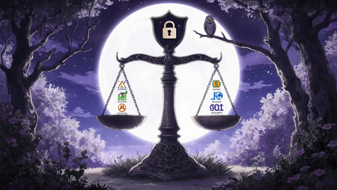 Twilight garden with a balance scale showing BVOX pros and cons under moonlight.