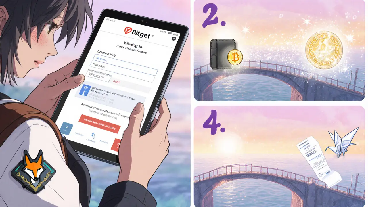 User follows four steps to claim SIL airdrop using MetaMask and Bitget.