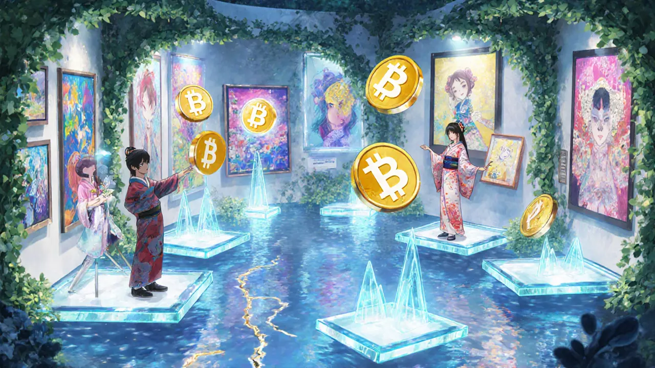 Whimsical virtual gallery with artists, floating artworks, and BNU token symbols used for payments and staking.