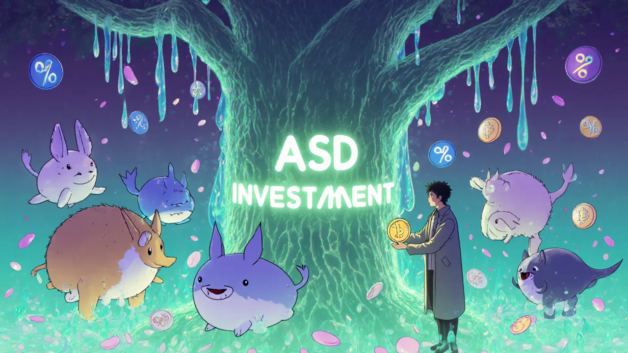 A bioluminescent forest of crypto creatures and yield percentages glowing gently around a trader depositing tokens into a tree.
