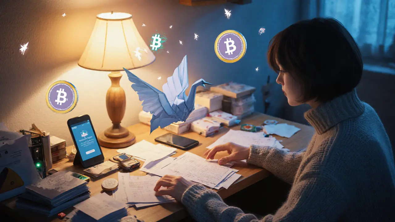 A broken paper crane payment app hovers over failed transaction receipts, surrounded by flickering BRISE tokens.