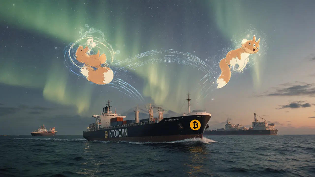 A cargo ship sails across the Arctic with a Bitcoin symbol, guided by light foxes made of data streams under auroras.