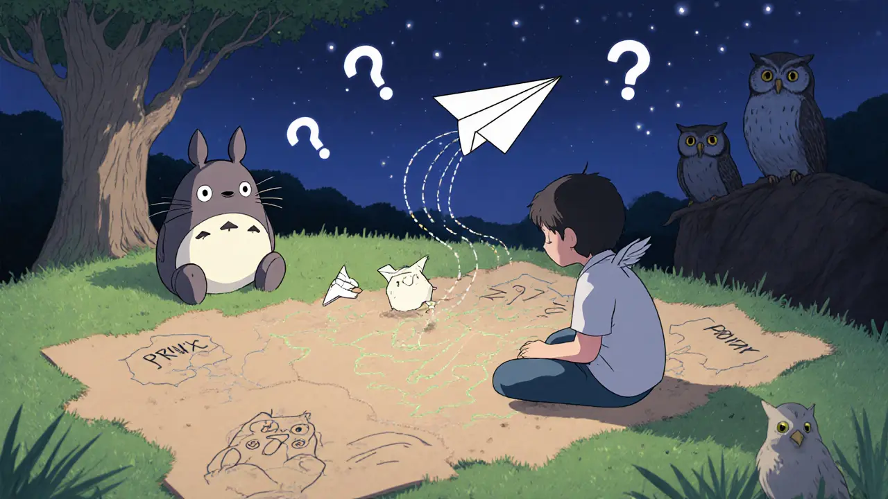 A child drawing a map of privacy coins, with PRIVIX as a falling paper airplane into a dark pit.